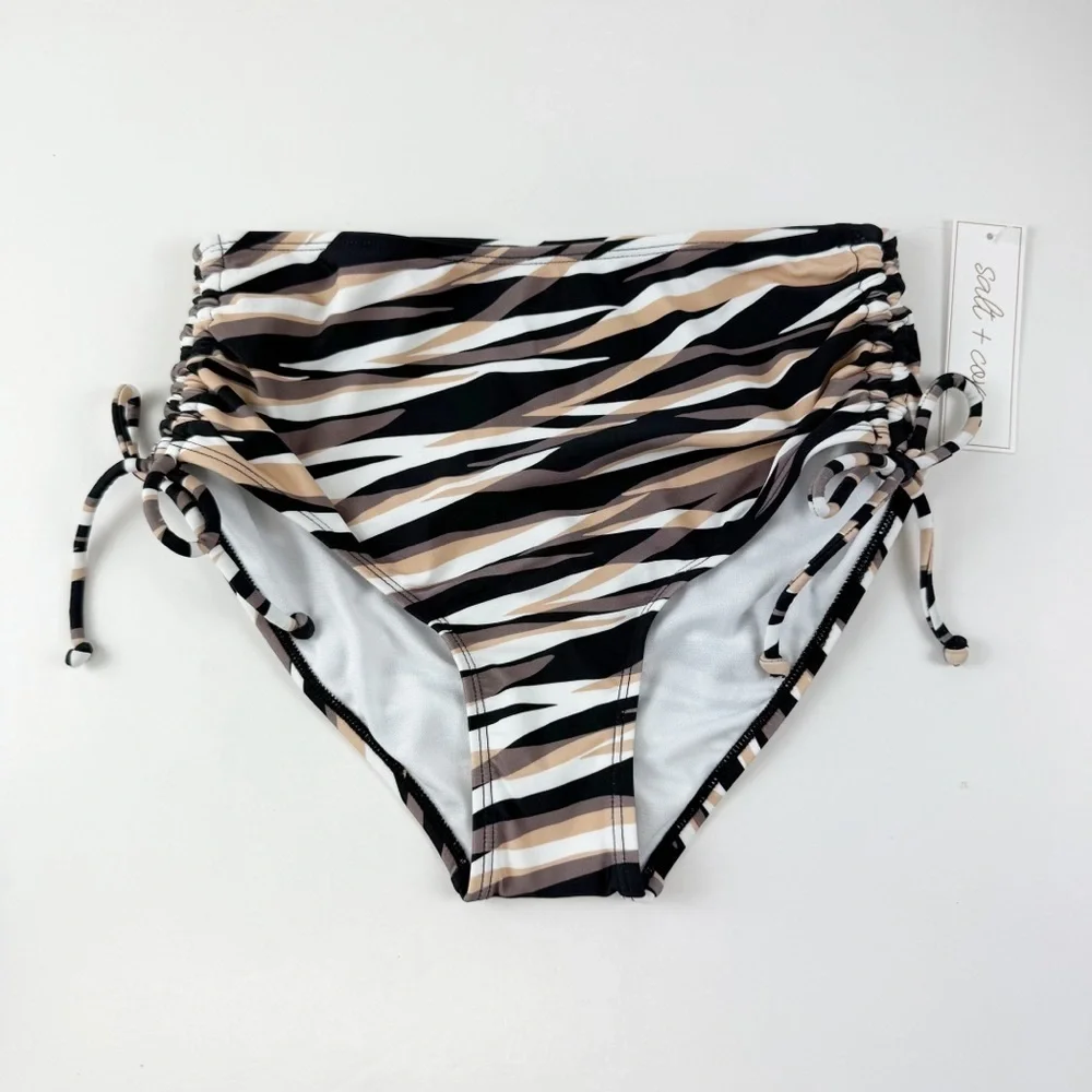 Salt + Cove Bikini Bottom Juniors Size XS Tan Black Tan Wavy Stripe Side Tie NWT